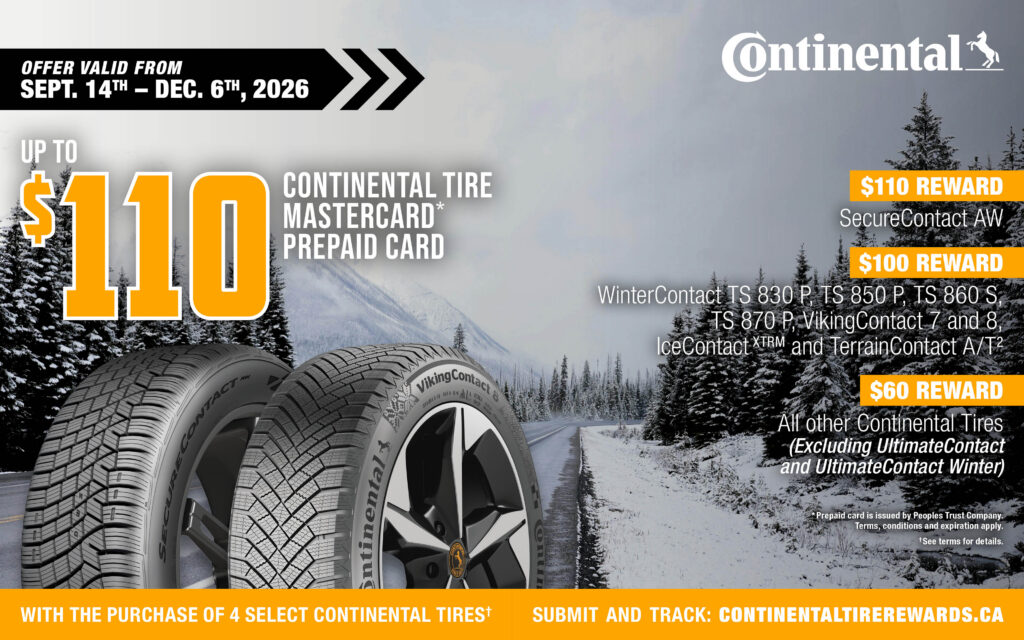 Continental: Get a $60, $100 or $110 prepaid Mastercard with the purchase of four select Continental tires, from September 14 to December 6, 2026. Reward varies by tire model.