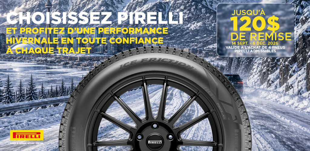 Pirelli : Obtenez jusqu’à 120 $ de rabais à l’achat de quatre pneus Pirelli admissibles, du 14 septembre au 6 décembre 2026.